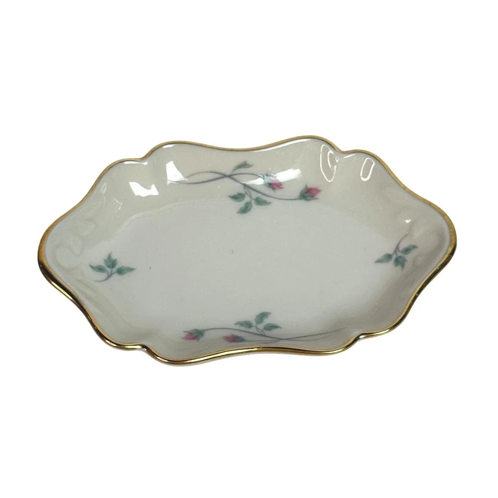 Lenox Rose Manor Small Oval Trinket Dish Tray Floral Gold Trim Ivory China 5x3